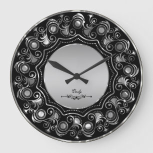 Grande Horloge Ronde Conception florale de Black And Metallic