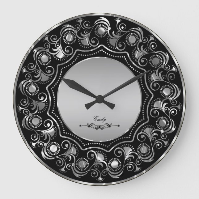 Grande Horloge Ronde Conception florale de Black And Metallic (Recto)
