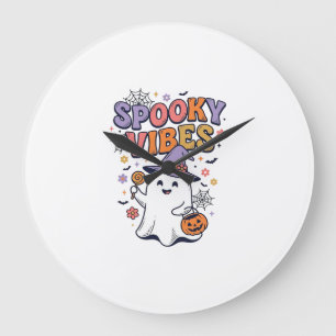 Grande Horloge Ronde Conception Halloween Rétro Fantôme Mignon Vibes So