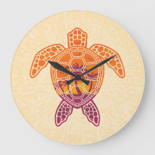 Grande Horloge Ronde Conception Tropicale de la tortue de mer coucher d
