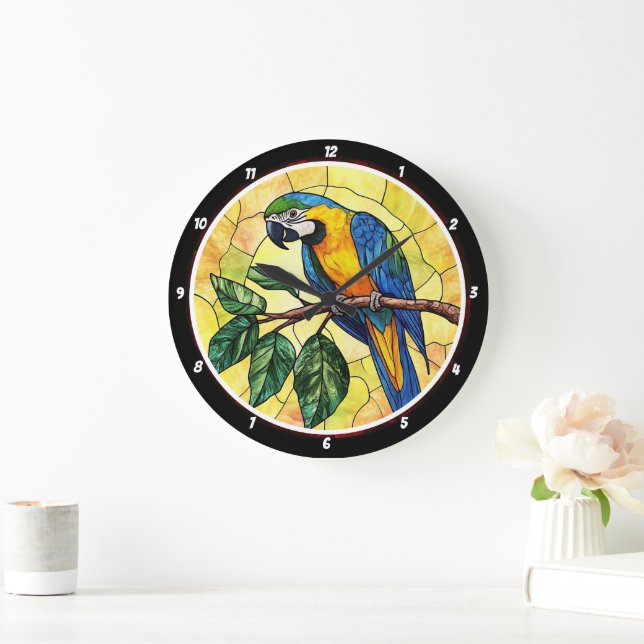 Grande Horloge Ronde Conception vibrante du perroquet Macaw et des Feui (Maison)