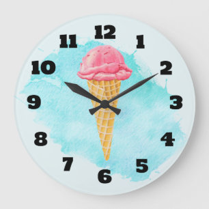 Grande Horloge Ronde Cône De Crème De Glace Avec Un Plat De Peinture Bl