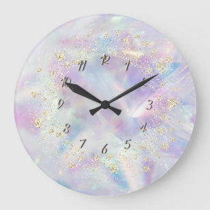 Grande Horloge Ronde Confettis arc-en-ciel holographiques élégants et t