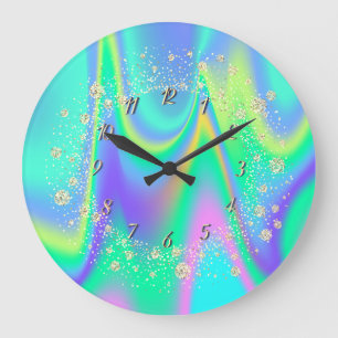 Grande Horloge Ronde Confettis Arc-en-ciel Holographiques Élégants et T