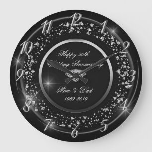 Grande Horloge Ronde Confettis Argent, Diamant 50e Anniversaire de Mari