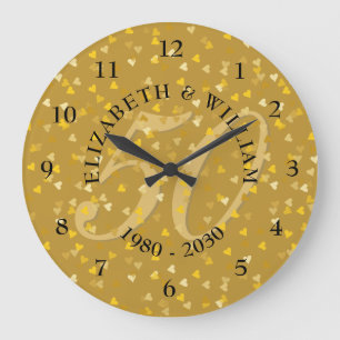 Grande Horloge Ronde Confettis de coeurs dorés pour les 50 ans de maria