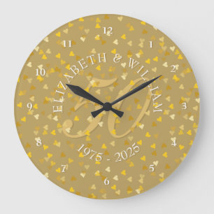 Grande Horloge Ronde Confettis de coeurs dorés pour les 50 ans de maria