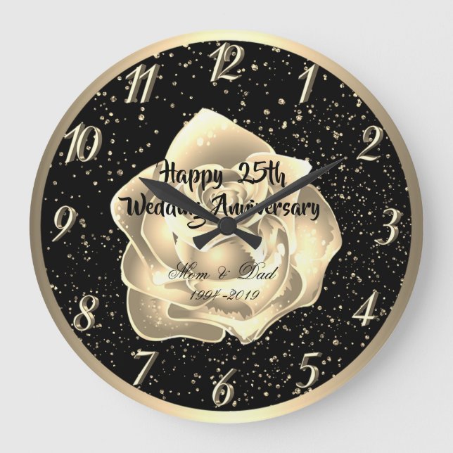 Grande Horloge Ronde Confettis Rose Dorée 25e Anniversaire de Mariage (Recto)