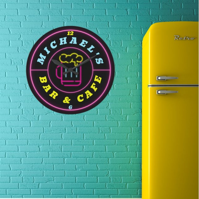 Grande Horloge Ronde Connexion Neon Café-Bar personnalisé (Créateur téléchargé)