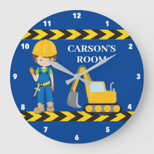 Grande Horloge Ronde Construction Véhicules Garçons Custom Blue Enfan