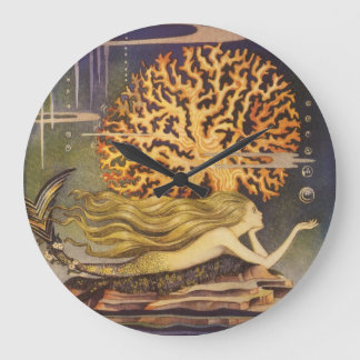 Grande Horloge Ronde Conte de fée vintage, petite sirène dans le corail