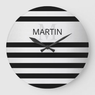 Grande Horloge Ronde Contemporain Faux Argent Ombré Rayures & Noir