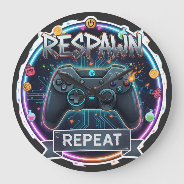Grande Horloge Ronde Contrôleur Gamer Respawn et Repeat (Recto)
