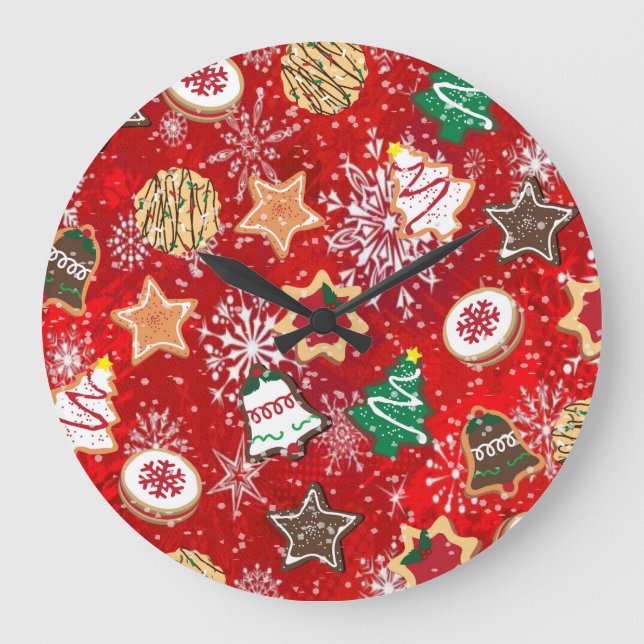 Grande Horloge Ronde Cookies de Noël et flocons de neige en rouge (Recto)