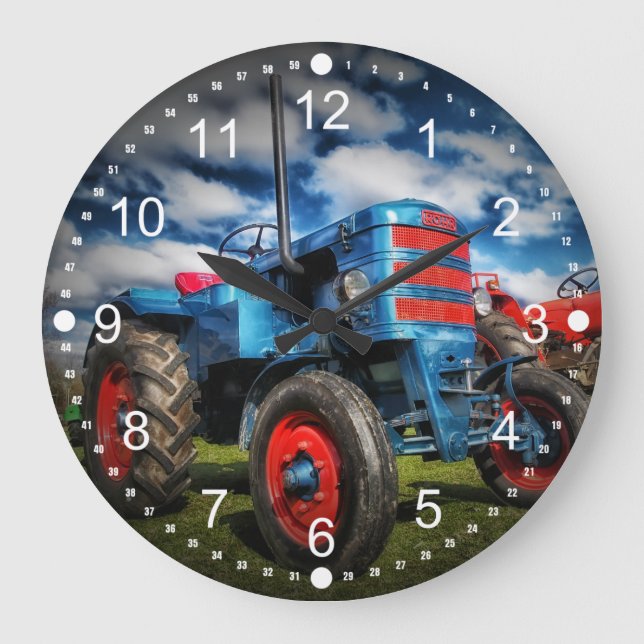 Grande Horloge Ronde Cool Bleu Rouge Tracteur d'antiquités cadeaux pour (Recto)