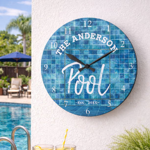 Grande Horloge Ronde Cool Blue Tile Swimming Pool Family Nom Custom La