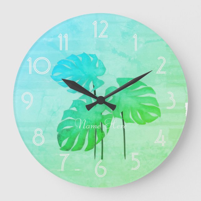 Grande Horloge Ronde Cool Funky Bright Tropical Leaf Ajouter le nom Hor (Recto)