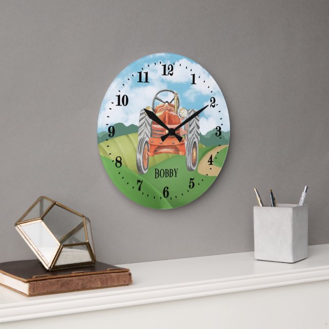 Grande Horloge Ronde cool garçons tracteur amoureux ajouter le nom (Bureau)