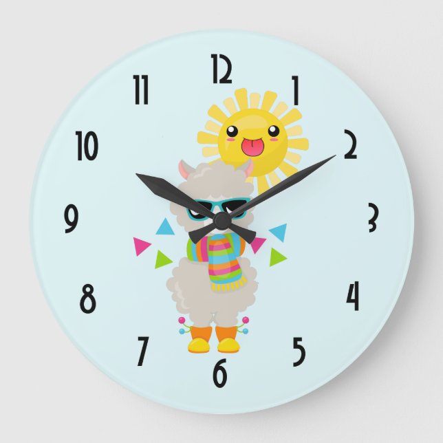 Grande Horloge Ronde Cool Llama et souriant Kawaii Sun (Recto)