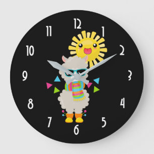 Grande Horloge Ronde Cool Llama et souriant Kawaii Sun