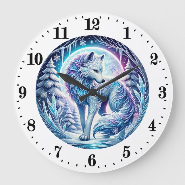 Grande Horloge Ronde Cool loup amoureux des animaux hiver (Recto)