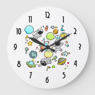 Grande Horloge Ronde Cool Outer Space Astronauts et Rocket Pattern