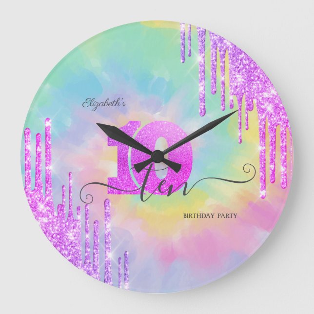 Grande Horloge Ronde Cool Parties scintillant gouttes Tie Dye 10e anniv (Recto)