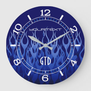 Grande Horloge Ronde Cool personnalisé Blue sur Blue Racing Flames sur