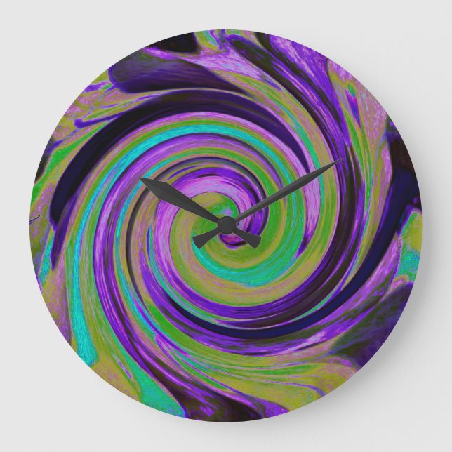 Grande Horloge Ronde Cool Retro Purple et Chartreuse Liquid Art Swirl (Recto)