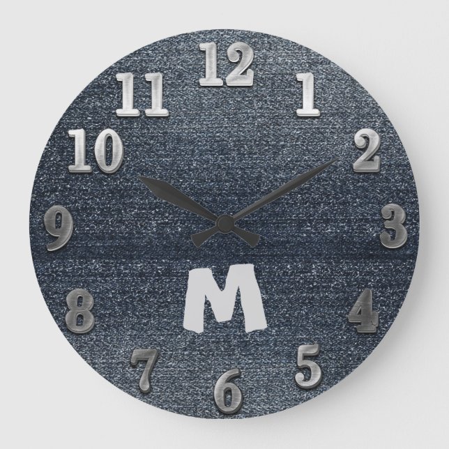 Grande Horloge Ronde Cool Rustic Look Blue Denim Wall Clock (Recto)