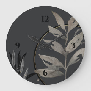 Grande Horloge Ronde Cool Unique Gray Artistic Watercolor Leaves