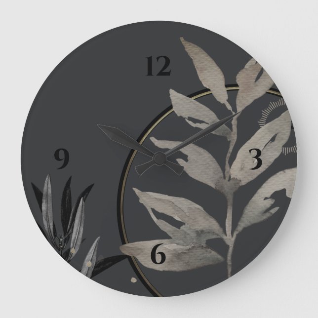 Grande Horloge Ronde Cool Unique Gray Artistic Watercolor Leaves (Recto)