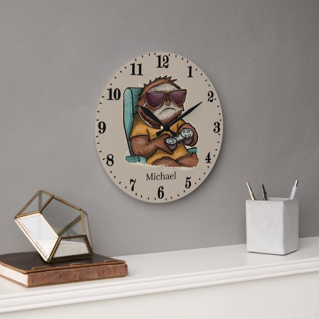 Grande Horloge Ronde Cool unisex sloth gaming ajouter nom (Bureau)