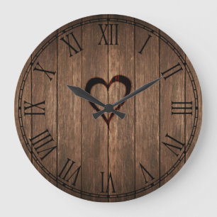 Grande Horloge Ronde Copie de coeur brûlée par bois rustique
