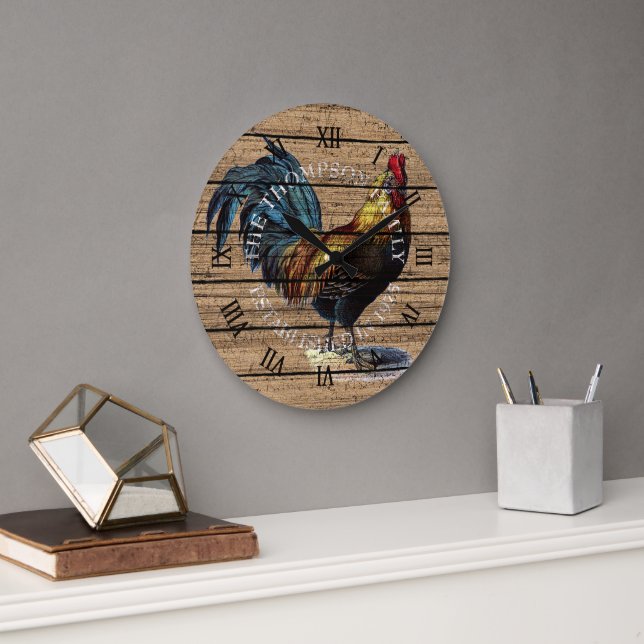 Grande Horloge Ronde Coq Cute Personnalisé Sur Motif Patiné (Bureau)