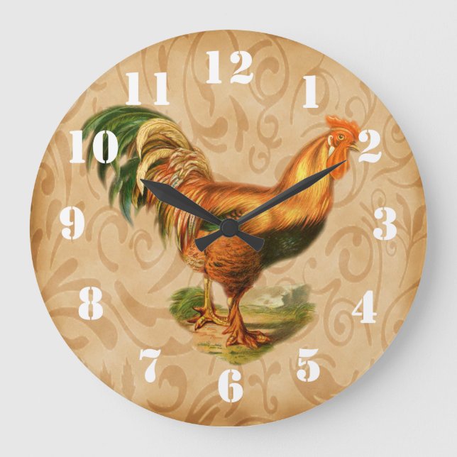 Grande Horloge Ronde Coq de campagne rustique cuisine ornée (Recto)