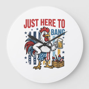 Grande Horloge Ronde Coq Patriotique Feu d'Artifice Vintage Design de T