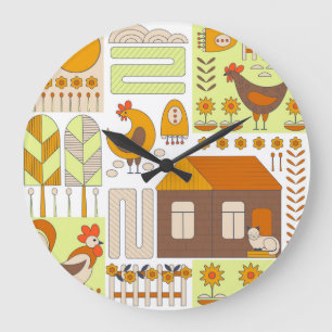 Grande Horloge Ronde Coq, poules, dessin géométrique floral.