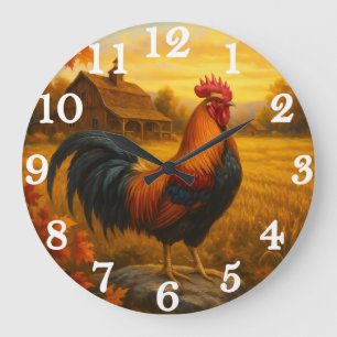 Grande Horloge Ronde Coq vibrant dans un pâturage doré