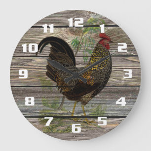 Grande Horloge Ronde Coq Vintage sur Planches de Bois Ancien Cuisine