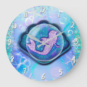 Grande Horloge Ronde Coquillage adapté à une sirène Filles pailletées M