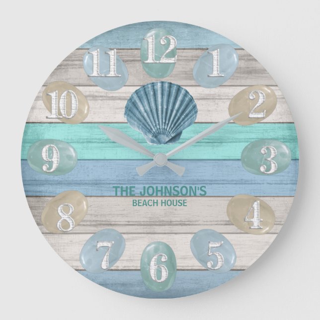 Grande Horloge Ronde Coquillage bleu et bois de plage Nautique - Turquo (Recto)