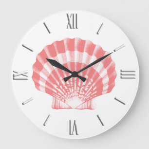 Grande Horloge Ronde Coquillage - corail rose et blanc