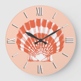 Grande Horloge Ronde Coquillage - orange et blanc de corail