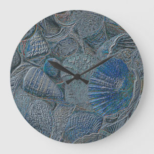 Grande Horloge Ronde Coquillages Océan Plage Bleu Art Métallique Naut
