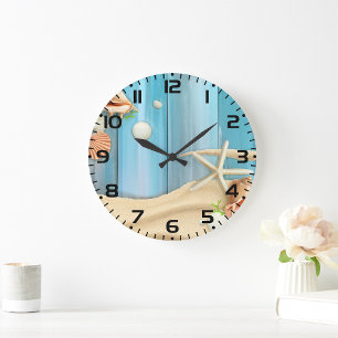Grande Horloge Ronde Coquillages sur le sable