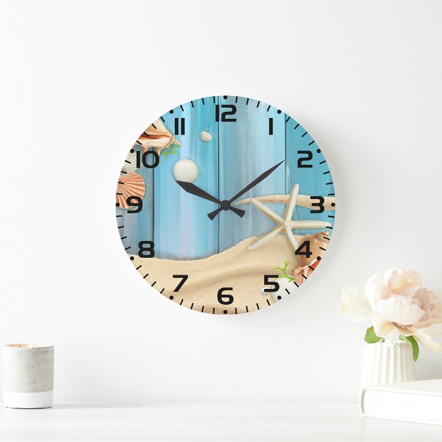 Grande Horloge Ronde Coquillages sur le sable (Créateur téléchargé)