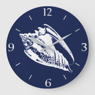 Grande Horloge Ronde Coquille de conque - bleu marine et blanc