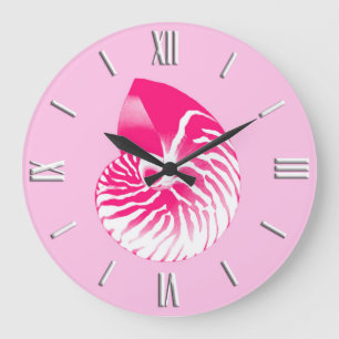 Grande Horloge Ronde Coquille de nautile - rose fuchsia et blanc