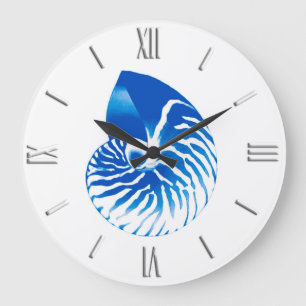 Grande Horloge Ronde Coquille de Nautilus - bleu et blanc de cobalt